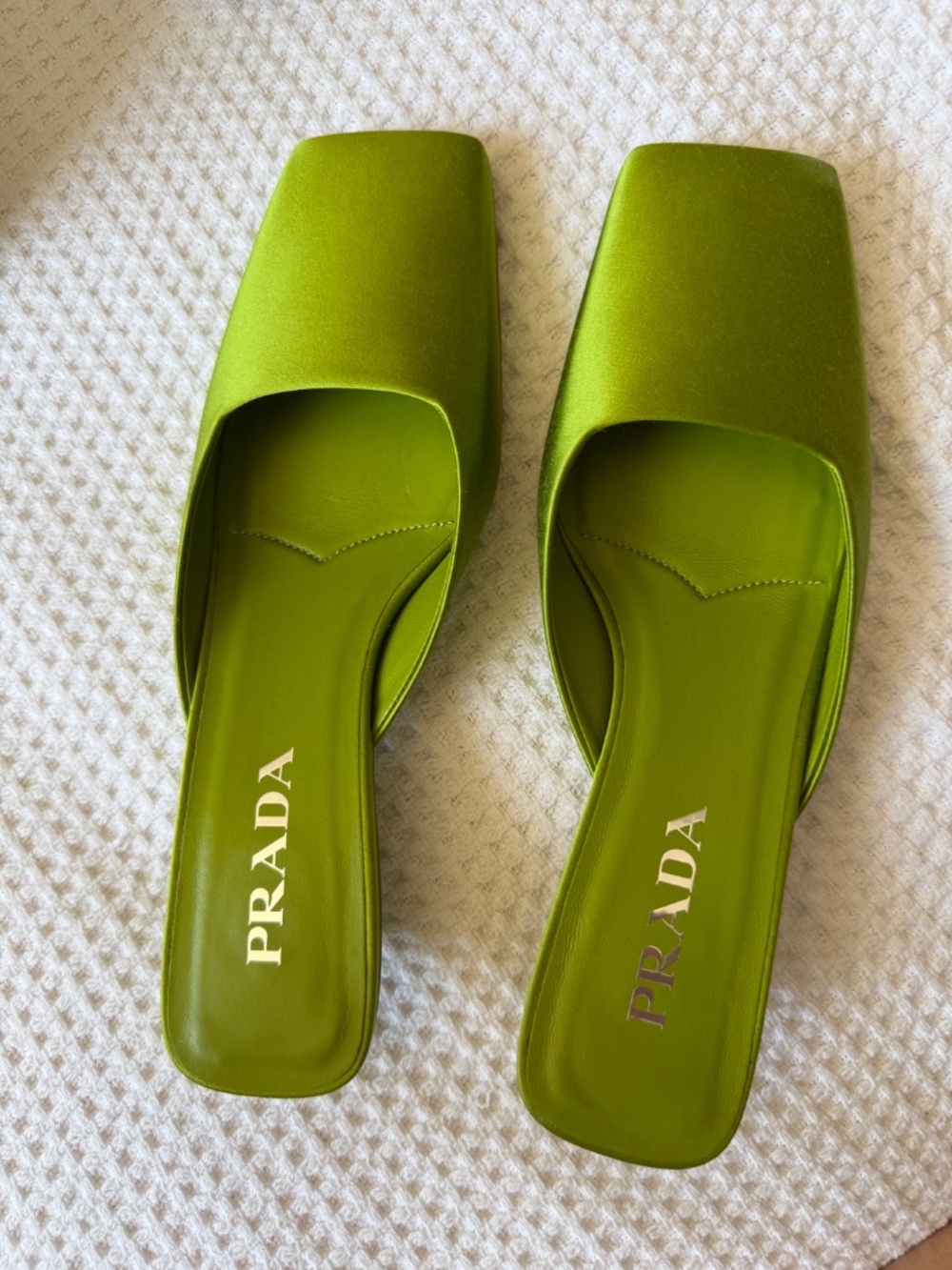 Prada Felce Green Satin Square Toe Mules Heels Size 37 - Picture 4 of 12